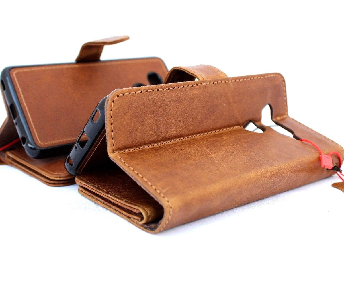 Handmade genuine leather phone case for LG V40 ThinQ with wallet design, card slots, magnetic holder, in soft retro style.