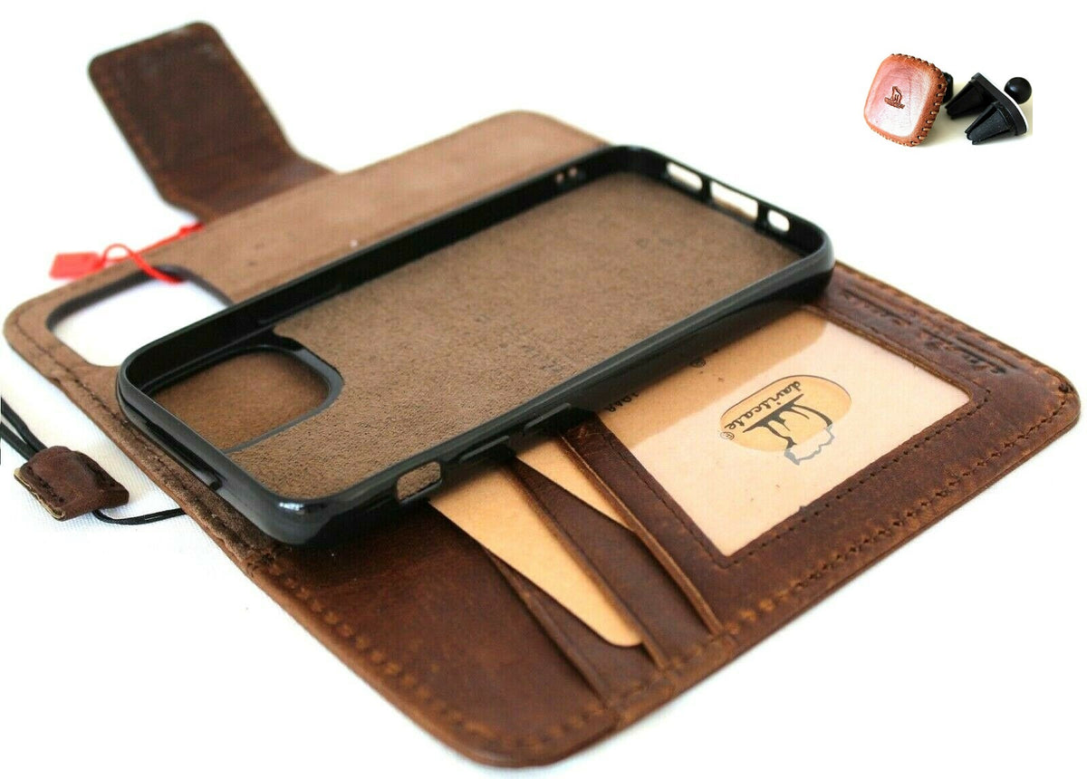 Genuine dark leather iPhone 12 Mini case by DAVISCASE with card slots, soft closure, vintage style, and magnetic removable cover.
