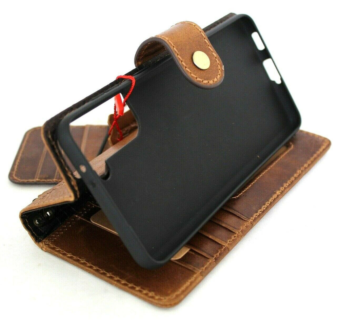 Vintage leather Samsung Galaxy S21 Plus 5G wallet case by DavisCase with card slots, ID window, soft tan leather, and luxury design.