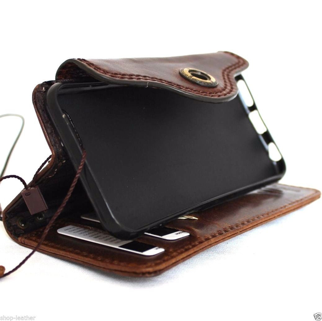 Handmade genuine Italian leather iPhone 6/6s case with wallet credit holder, featuring a secure book-style cover and card slots.