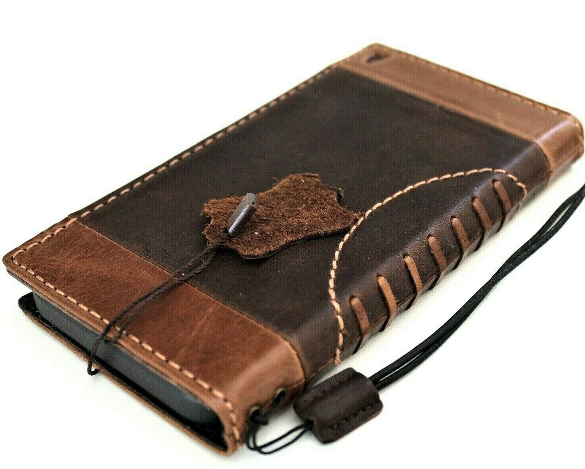 Vintage-style genuine leather wallet case for Apple iPhone 11 to 15 Pro Max with ID window and credit card slots by DAVISCASE.