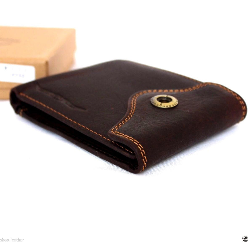 Men’s brown leather wallet by DAVISCASE with 4 card slots, ID window, and 2 bill sections in a bi-fold design.