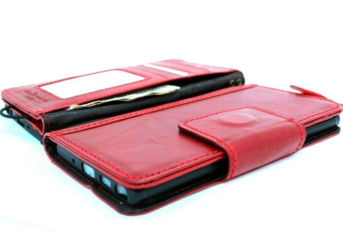 Red genuine leather flip wallet case for Samsung Galaxy Note 10 with magnetic closure, handmade, luxury design, wireless charging compatible