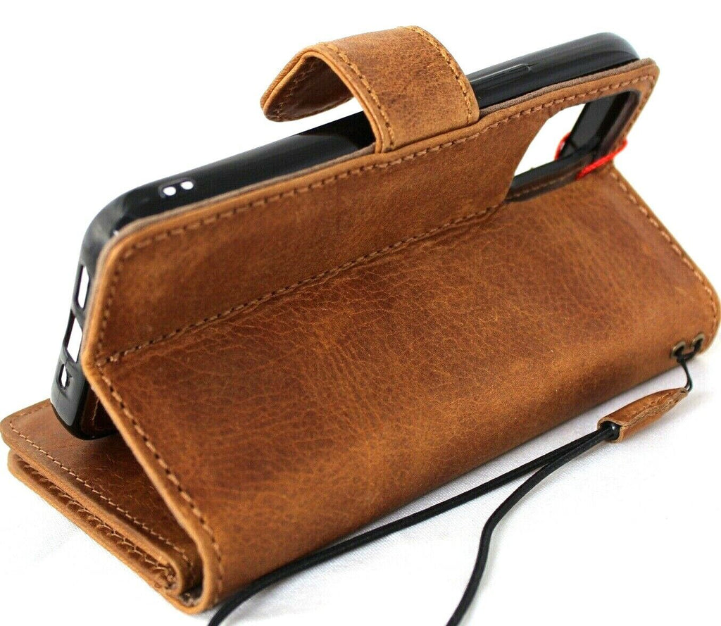 Handmade genuine leather phone case for iPhone 17-14 Pro Max with removable wallet, magnetic closure, retro tan color by DAVISCASE