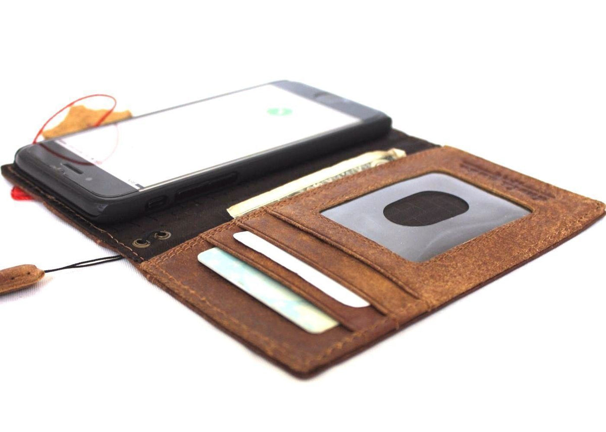 Genuine bright brown leather iPhone SE 2 case with wallet-style cover, soft leather, slim design, for wireless charging.