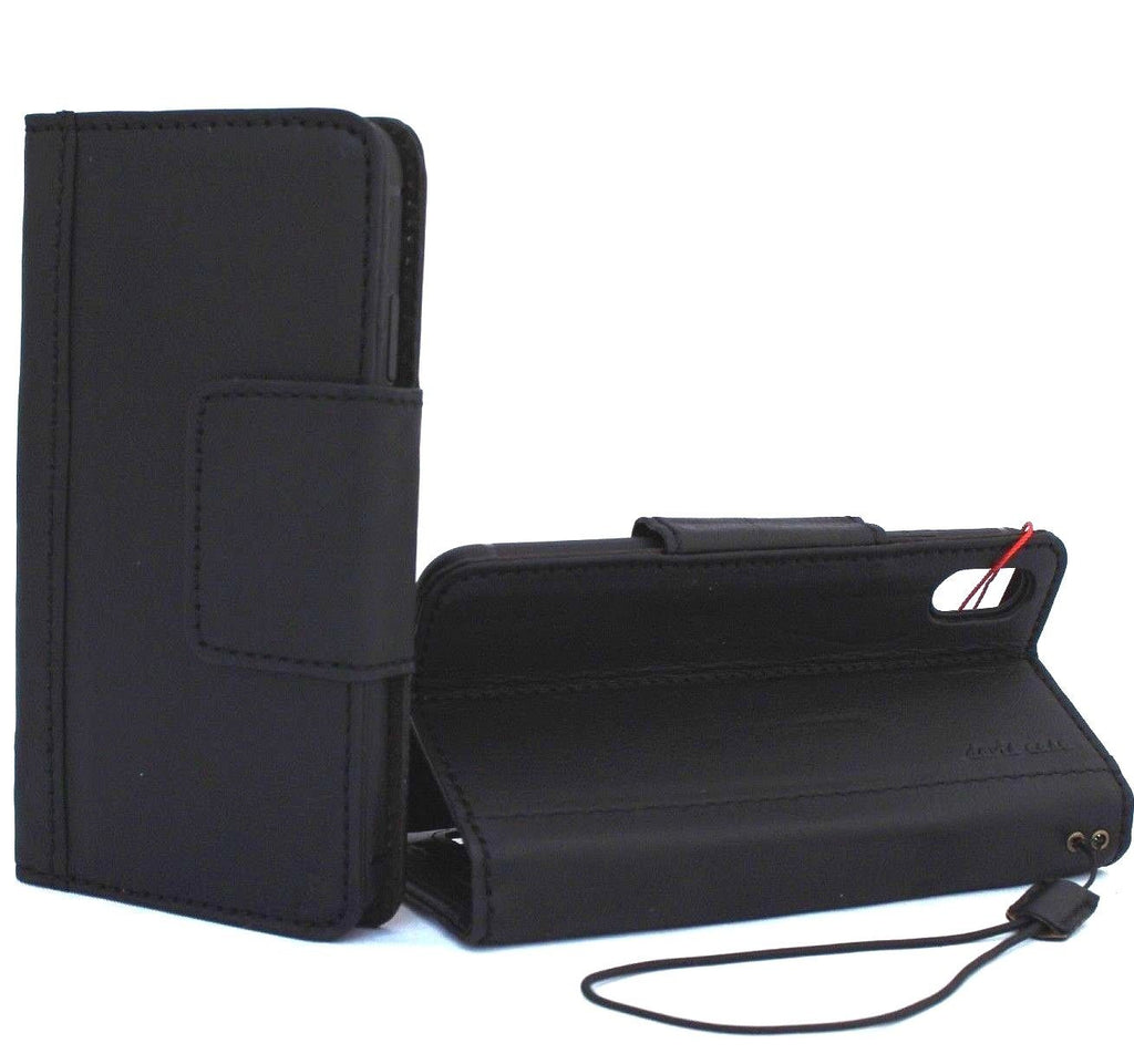 Black genuine leather iPhone XS Max wallet case with card slots, magnet closure, slim vintage design, handmade by Daviscase.