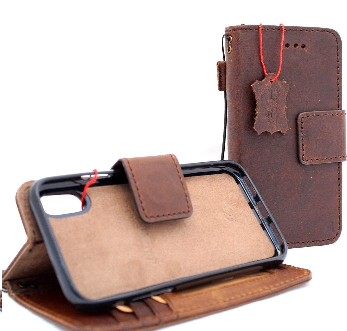 Handmade genuine leather iPhone XS Max wallet case with magnetic closure, credit holder, and removable phone cover.