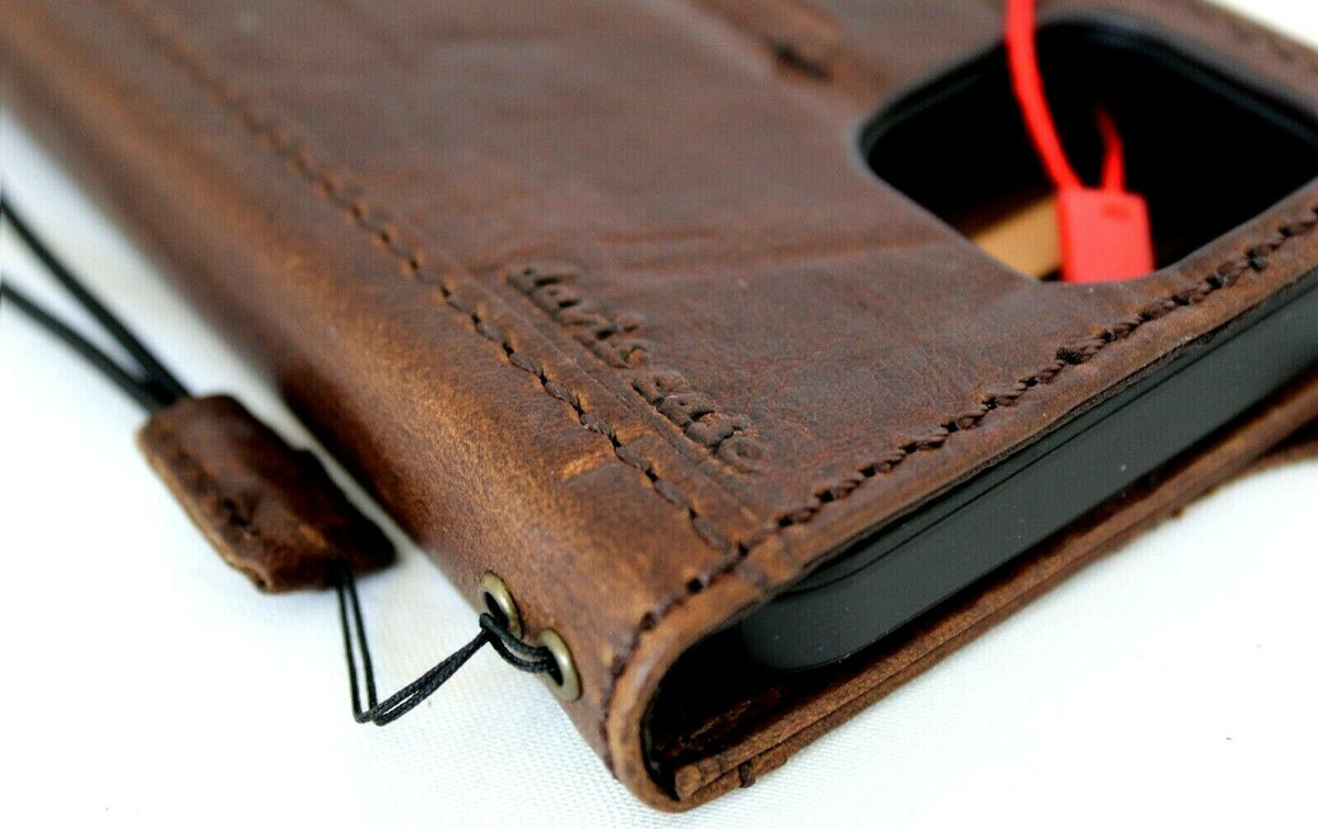 Handmade genuine leather wallet phone case for iPhone models, featuring card slots and a protective design by DAVISCASE.