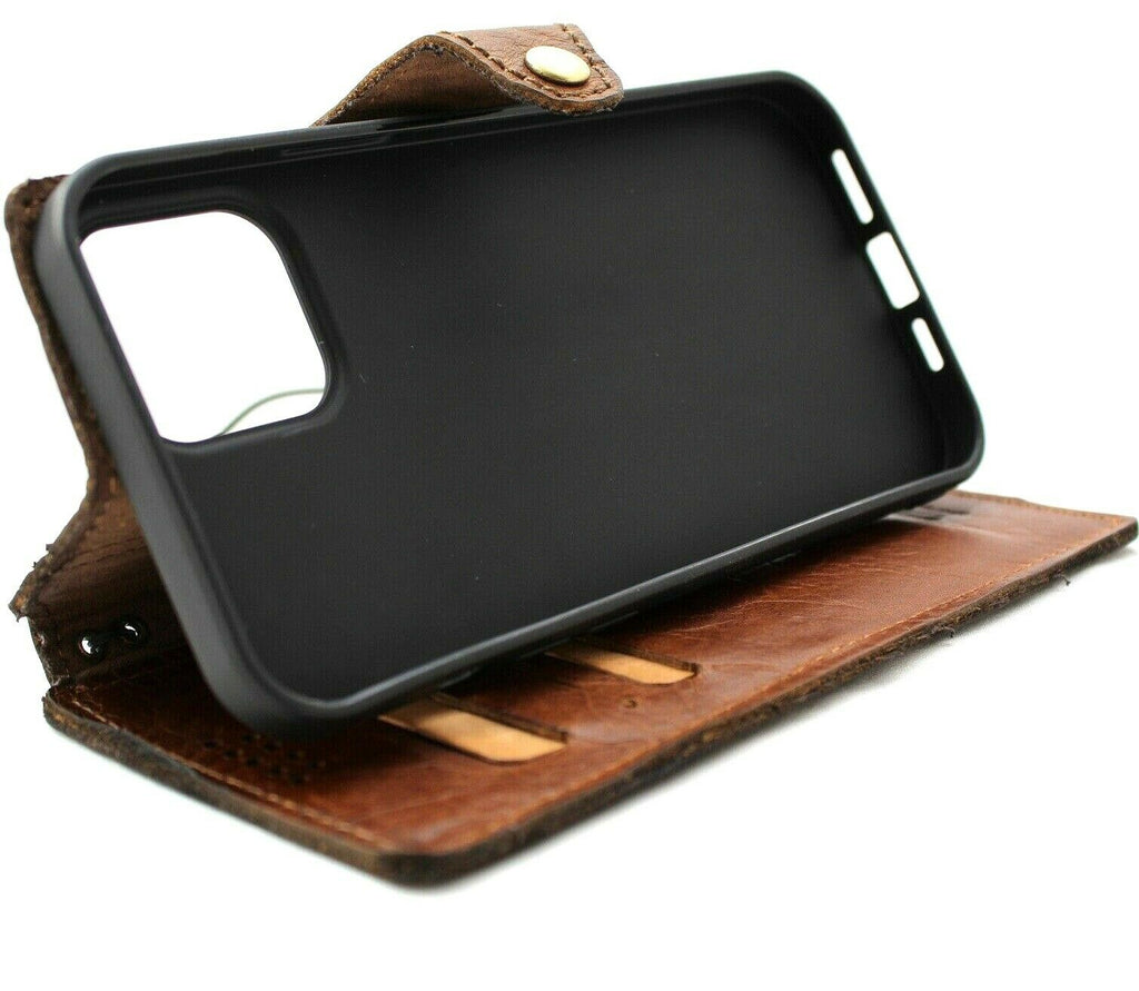 Handmade genuine leather wallet case for iPhone 11 to 15 Pro Max, with credit card slots and soft vintage cover by DAVISCASE.