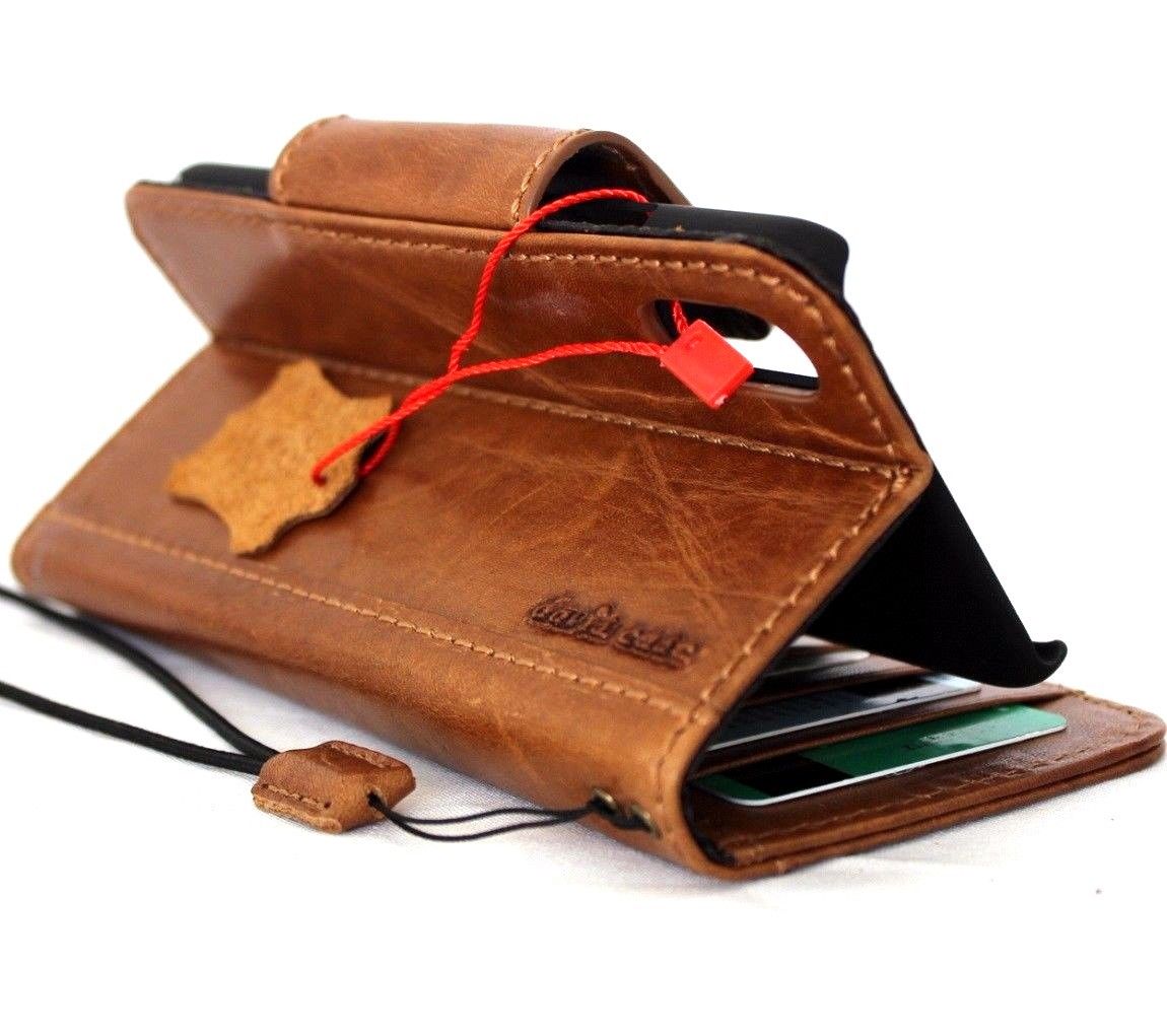Bright brown genuine leather iPhone X wallet case with magnetic closure, card slots, slim vintage design by Daviscase.