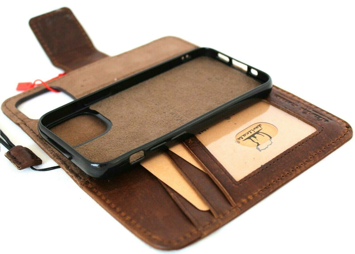Dark leather Apple iPhone 12 Mini case with vintage book wallet design, credit card slots, soft closure, and removable cover by DAVISCASE