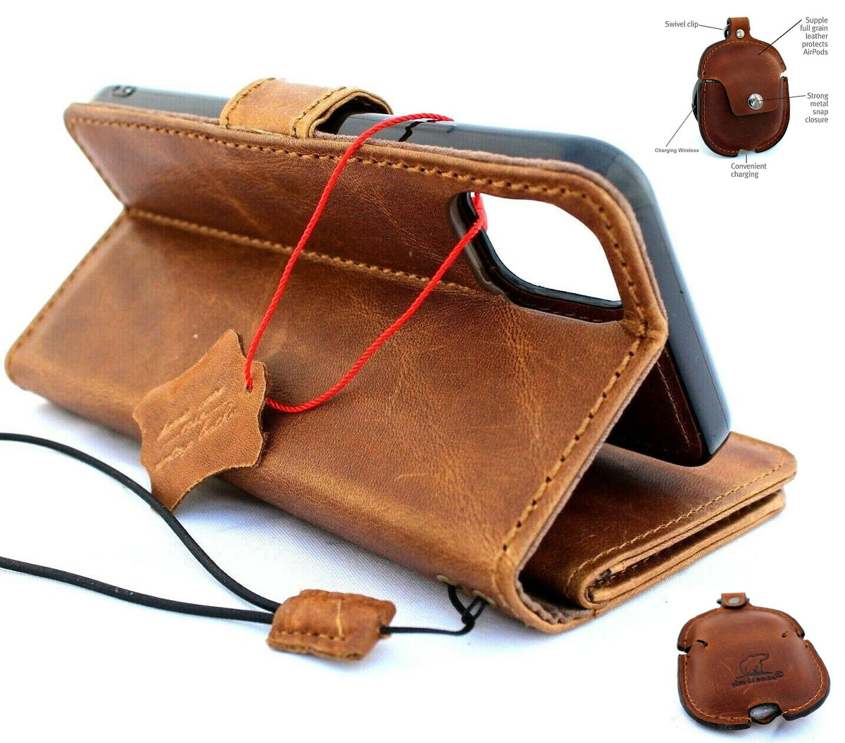 Genuine full leather handmade case for iPhone 11 Pro Max with wallet, credit holder, magnetic closure, in soft tan leather.