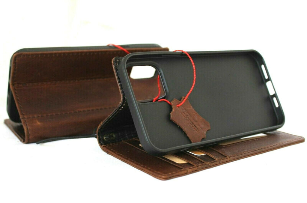 Genuine dark leather iPhone 12 Pro Max case with wallet design, ID window, credit card slots, handcrafted by DAVISCASE.