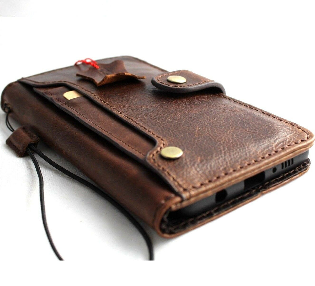 Dark brown vintage leather iPhone SE 2 case by DavisCase, with wallet card slots, slim design, and classic art detailing.
