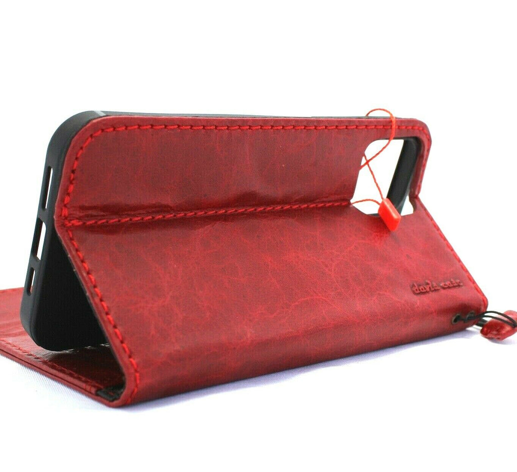 Genuine red leather iPhone 11 Pro Max wallet case with credit card slots, rubber strap, handmade design by DAVISCASE