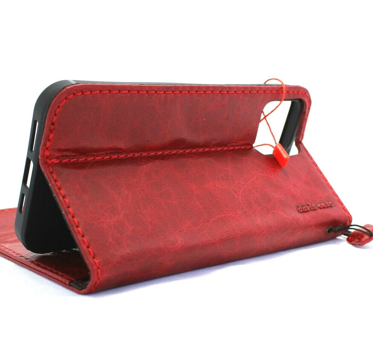 Genuine red leather iPhone 11 Pro Max wallet case with credit card slots, rubber strap, handmade design by DAVISCASE