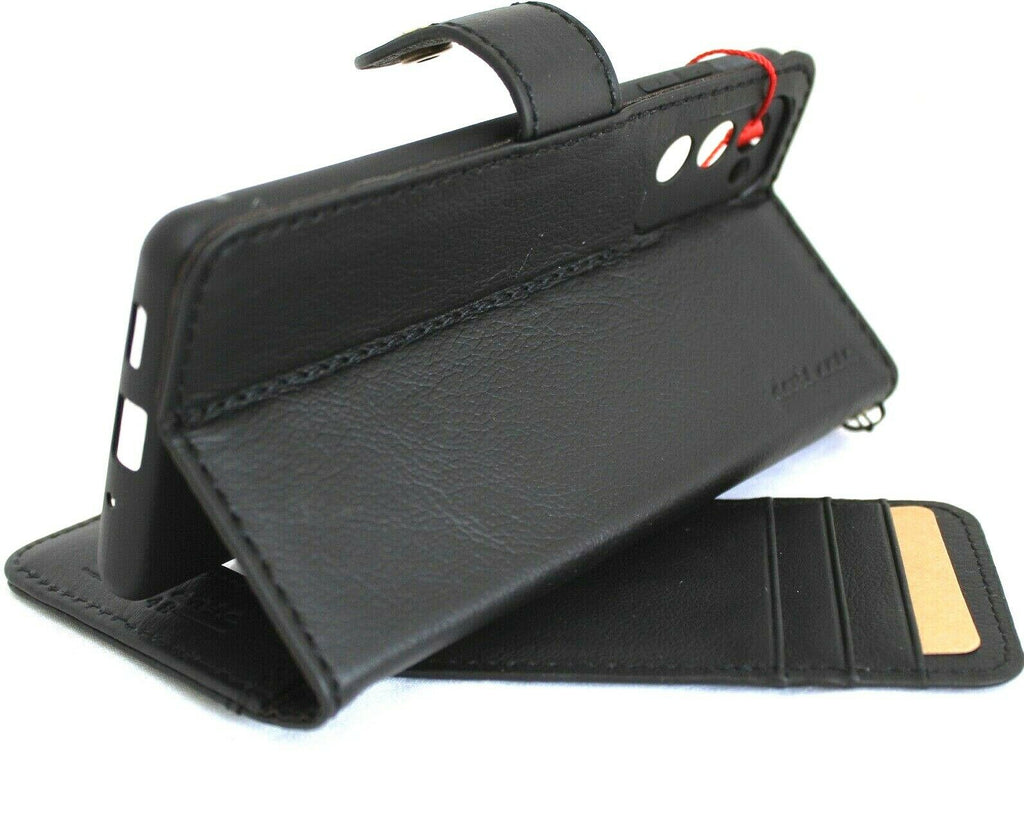 DavisCase genuine black leather wallet case for Samsung Galaxy S20 FE, with card slots, ID window, and soft rubber vintage style.