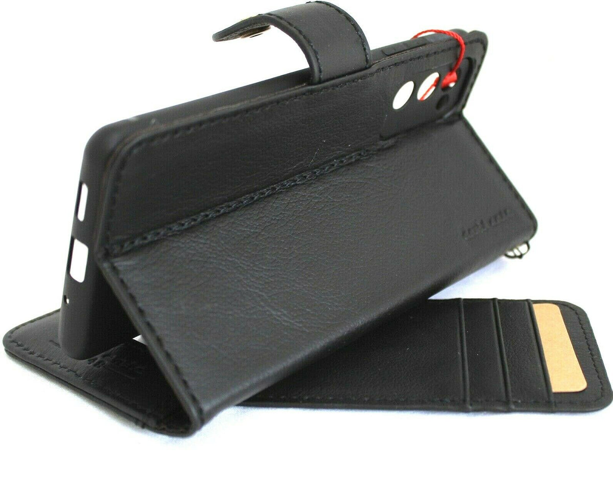 DavisCase genuine black leather wallet case for Samsung Galaxy S20 FE, with card slots, ID window, and soft rubber vintage style.