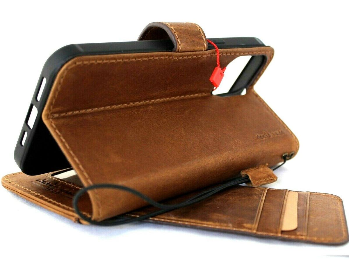 Genuine soft tan leather iPhone 12 Pro Max case with vintage book wallet design, ID window, credit card slots, by DAVISCASE