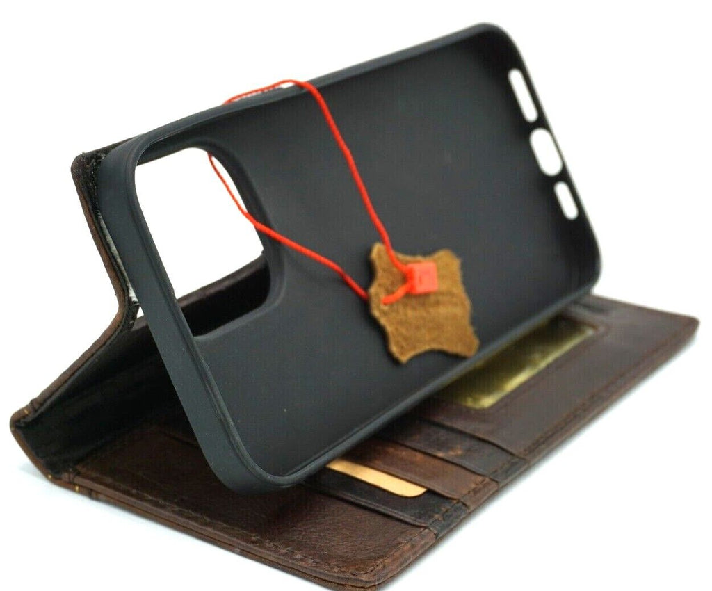 Handmade DAVISCASE genuine leather phone case for iPhone 12-17 Pro Max with ostrich-style wallet cover and craft details.