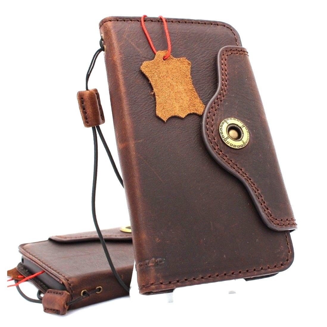 Dark genuine Italian leather wallet case for Samsung Galaxy S9, handmade with oiled finish, compatible with wireless charging.