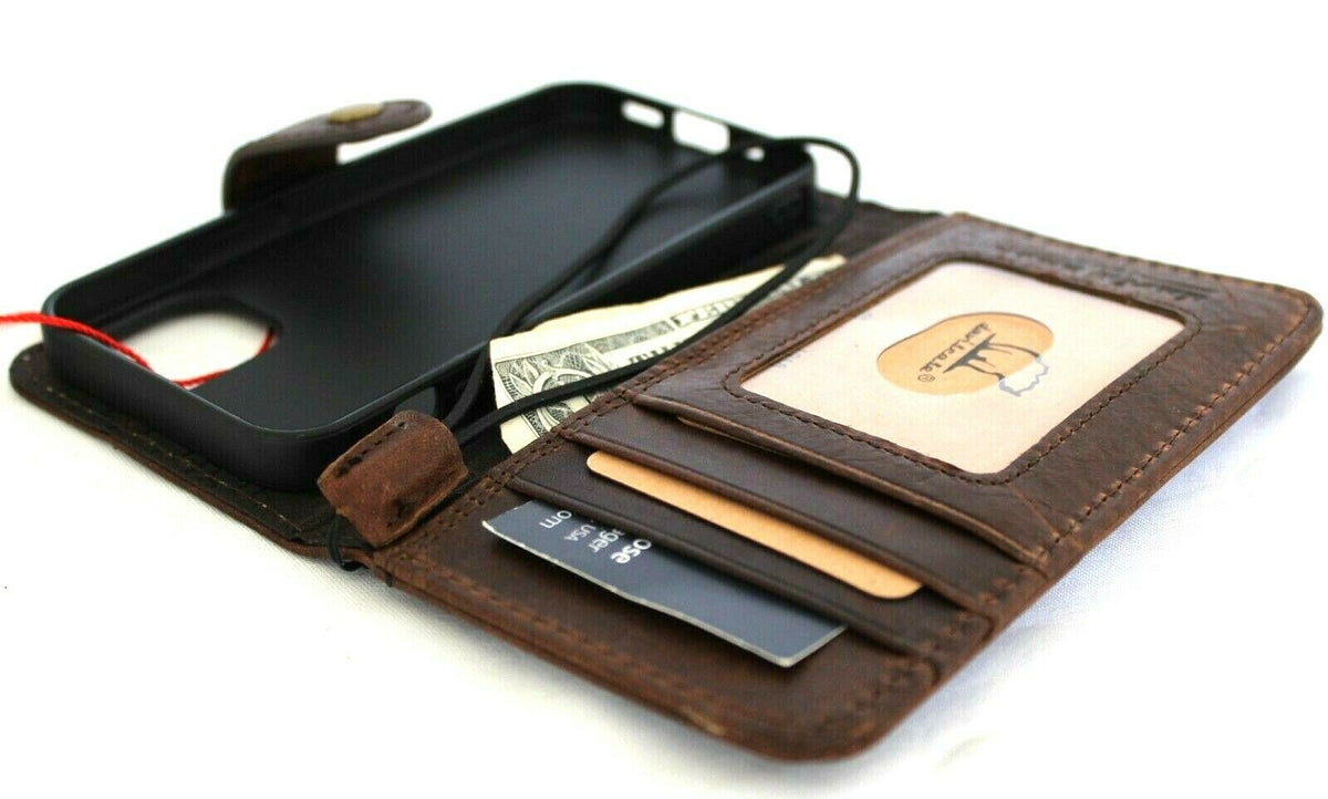Dark leather phone case for Apple iPhone 12 Mini with wallet design, credit card slots, soft closure, handmade by DAVISCASE.