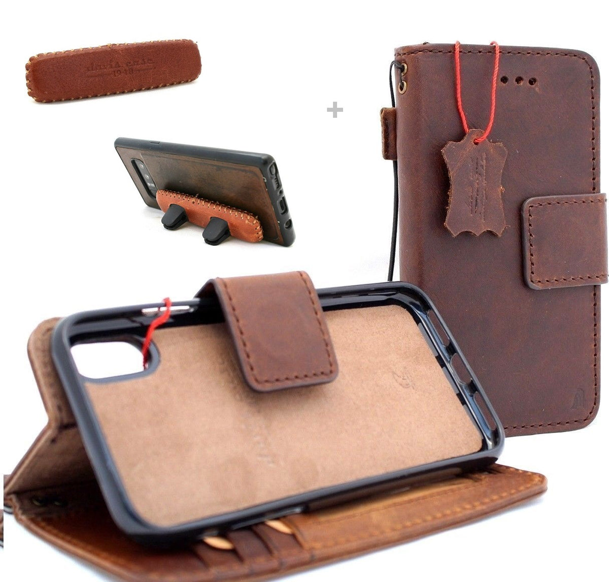 Genuine dark leather Apple iPhone X case by DAVISCASE with vintage wallet design, credit card holder, magnetic cover, and car holder attachment