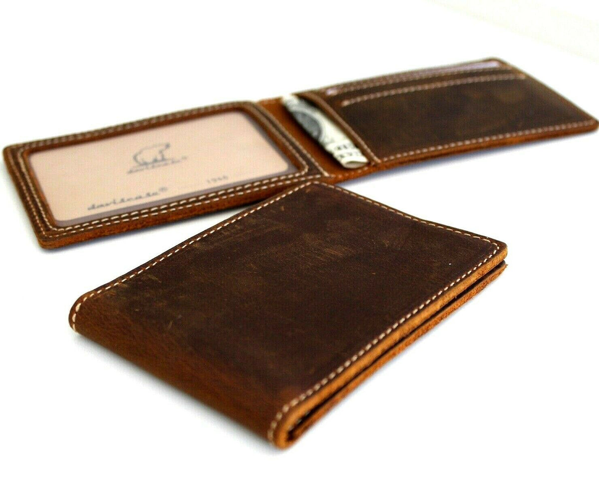 Men's genuine leather wallet by DAVISCASE with slim design, credit card slots, ID window, handmade, retro oiled finish.