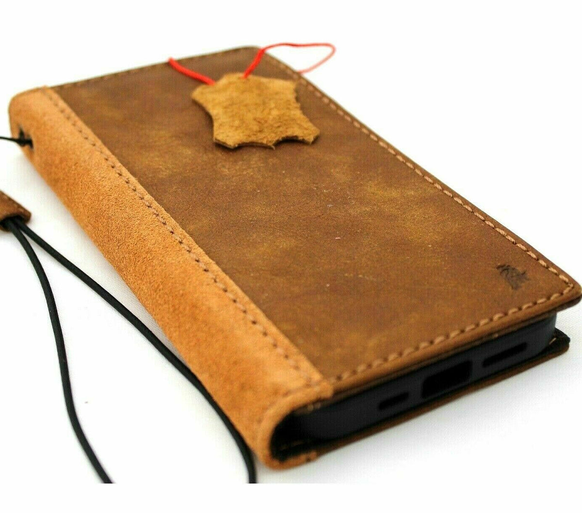 Handmade genuine soft leather iPhone 12 Pro case by DAVISCASE with vintage suede style, ID window, credit card slots, slim full grain design.