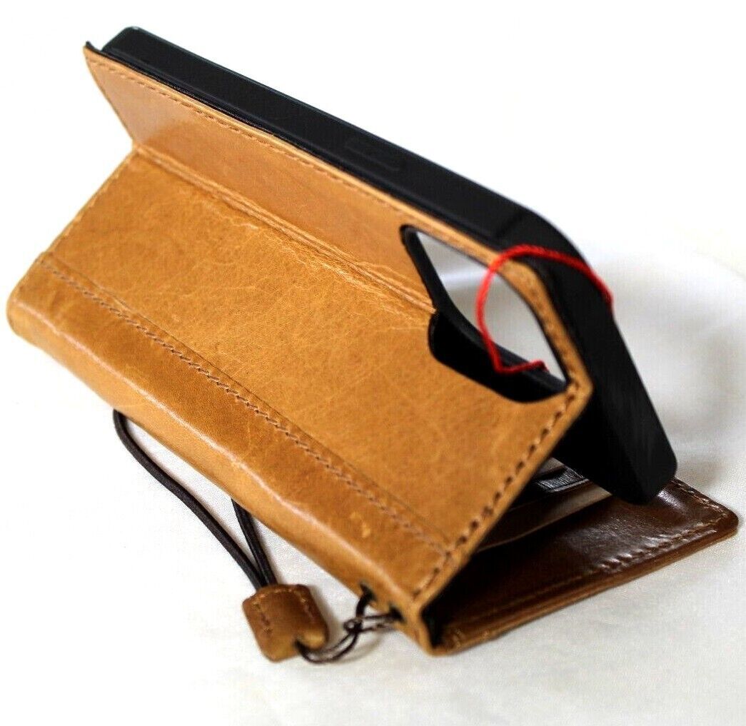 Handcrafted DavisCase genuine leather wallet case for iPhone 11-15 Pro Max, vintage full grain leather with card slots in tan.