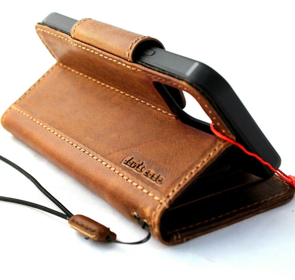 Genuine tan leather iPhone 12 Pro wallet case with ID window, card slots, vintage style, soft slim cover by DAVISCASE