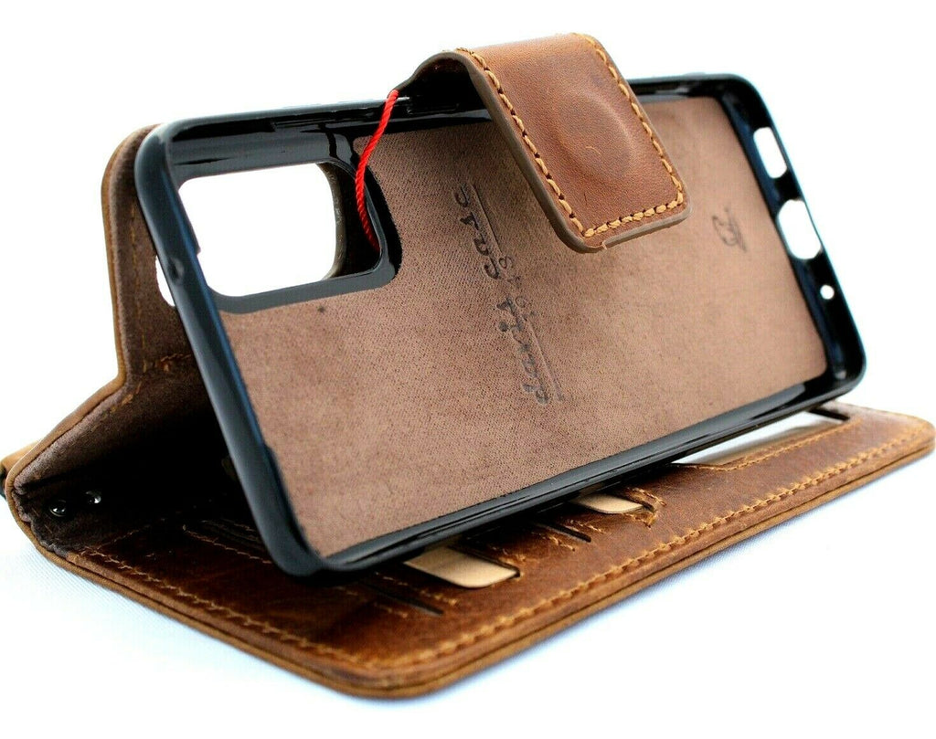 DavisCase genuine full leather book wallet case for Samsung Galaxy S20 with soft tan finish, removable slots, rubber holder, wireless charging