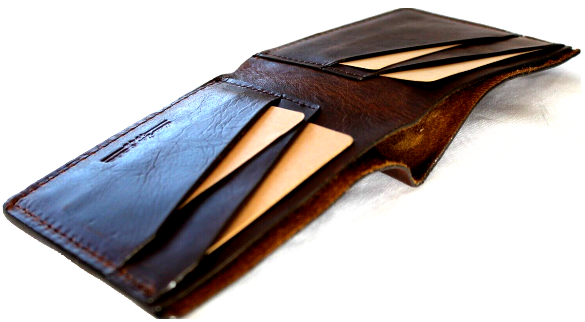 Men's brown genuine leather wallet with carved cobweb design, credit card slots, and bill compartment from DavisCase.