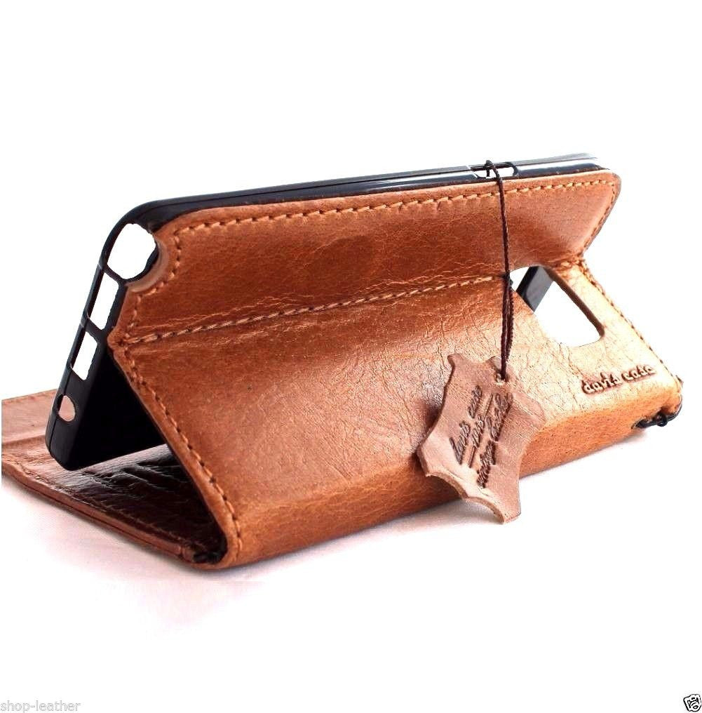 Light brown genuine leather Samsung Galaxy Note 5 wallet case with vintage design and magnetic closure, handmade for a slim fit.