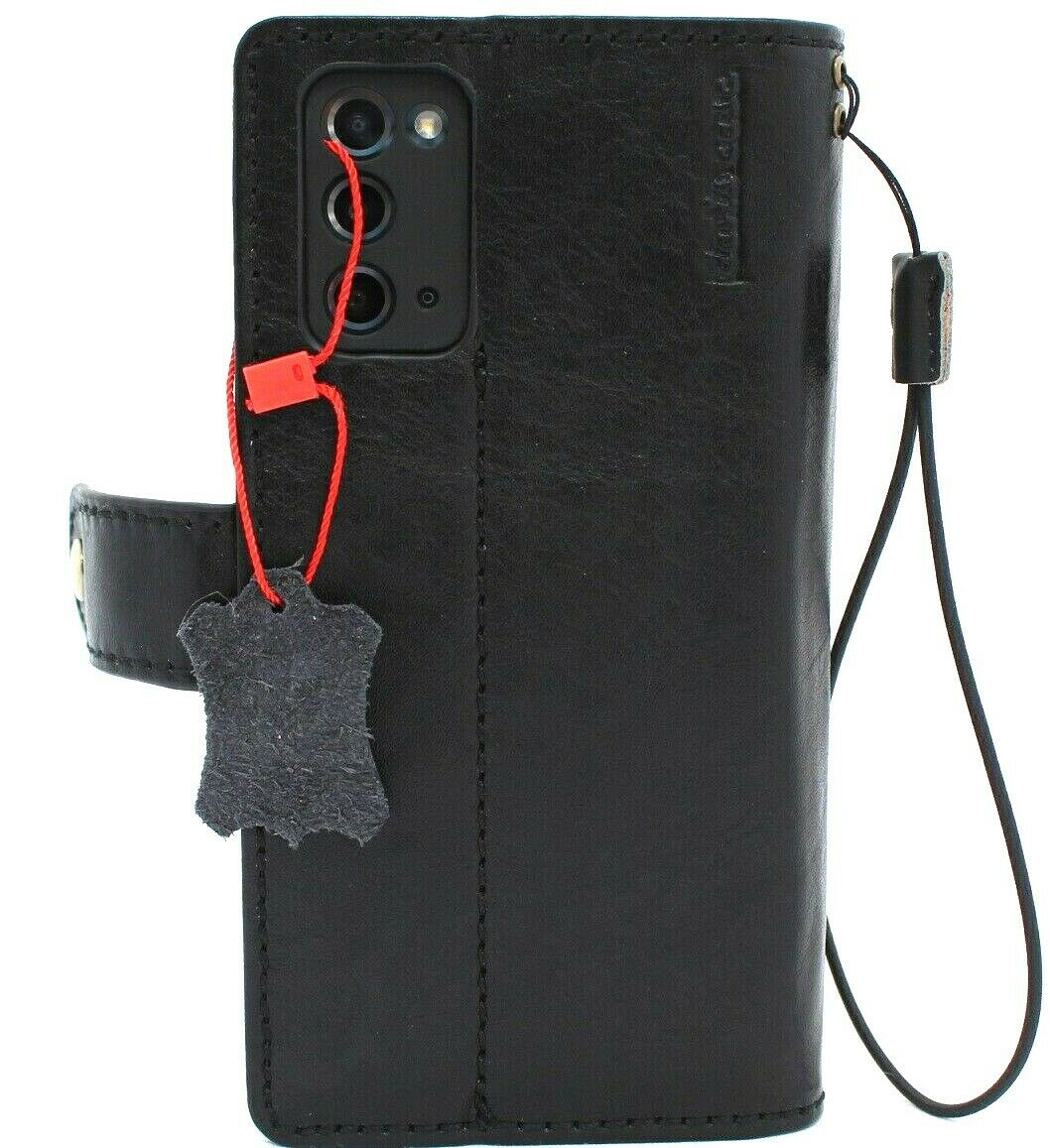 DavisCase genuine black leather wallet cover for Samsung Galaxy Note 20 5G with card slots, ID window, and soft rubber lining.