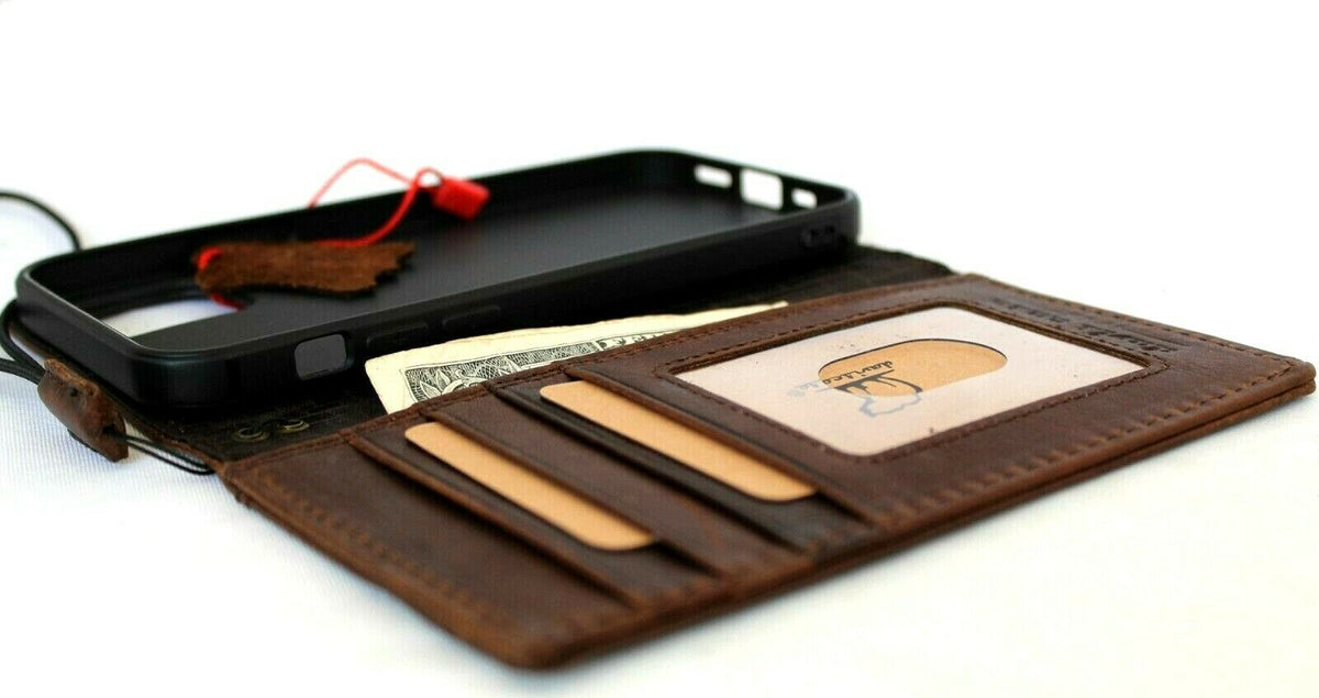 Genuine dark leather iPhone 12 Pro case by DAVISCASE with vintage book wallet design, ID window, credit card slots, soft full-grain cover.