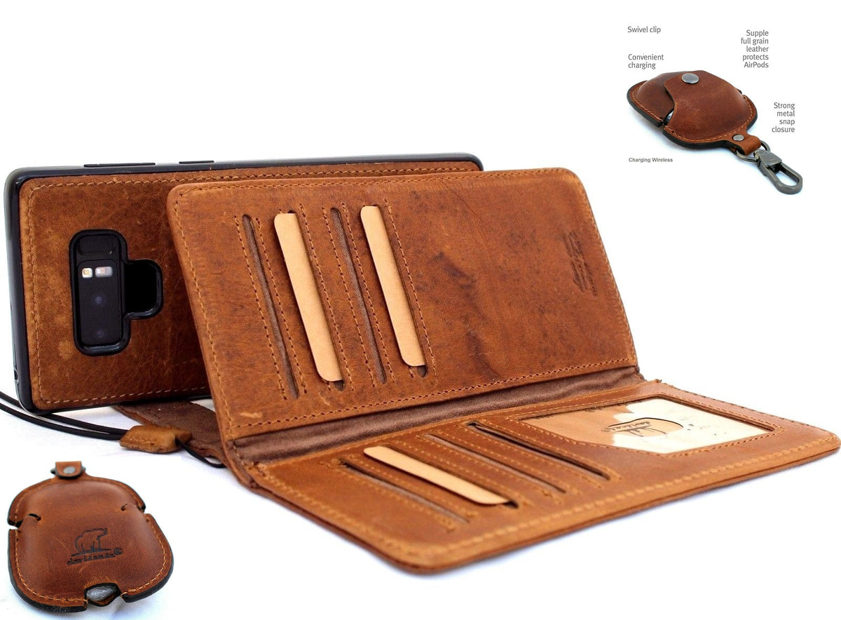 Genuine full leather Samsung Galaxy Note 9 wallet case with card slots, magnetic holder, and AirPods 2 compartment in vintage style