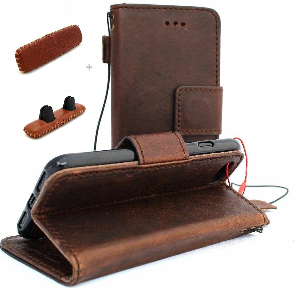Genuine vintage leather iPhone XR case by DAVISCASE with wallet design, magnetic car holder, and stand feature.