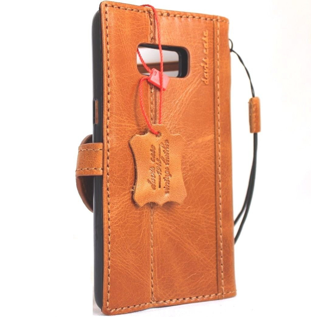 Handmade genuine leather Samsung Galaxy S8 wallet case with magnetic closure, featuring a classic book-style design.