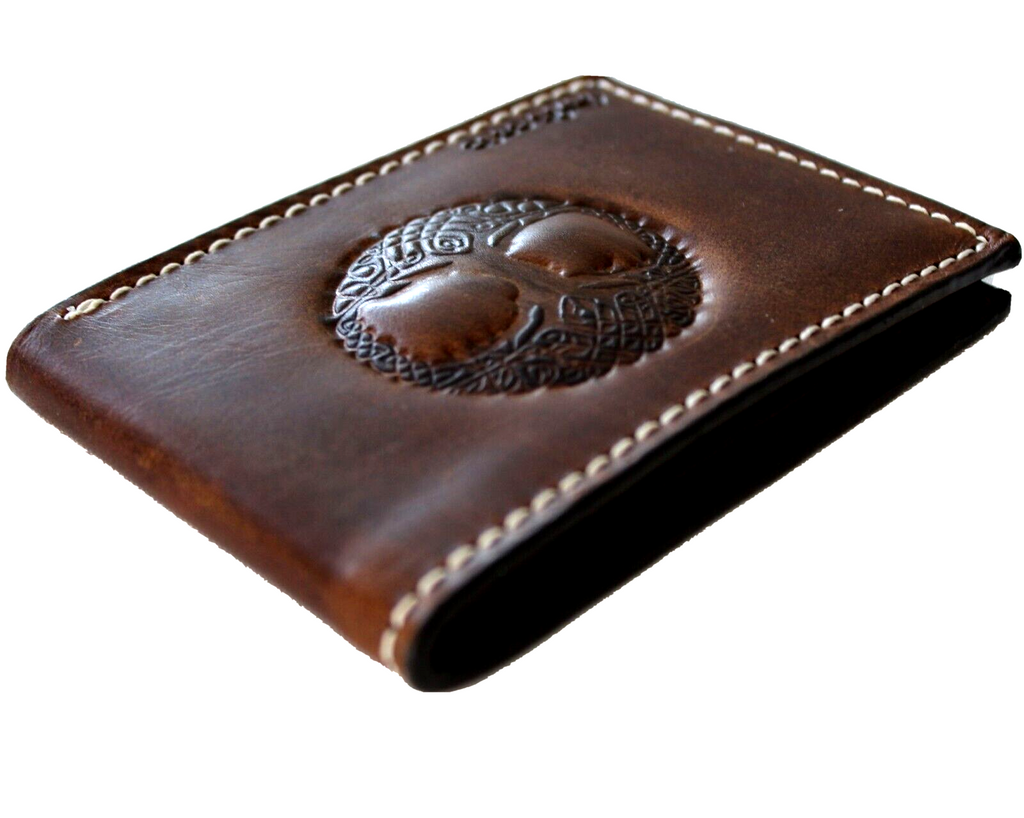 Men's genuine leather wallet with credit card slots and bill compartment, featuring a Tree of Life design in brown from DavisCase.