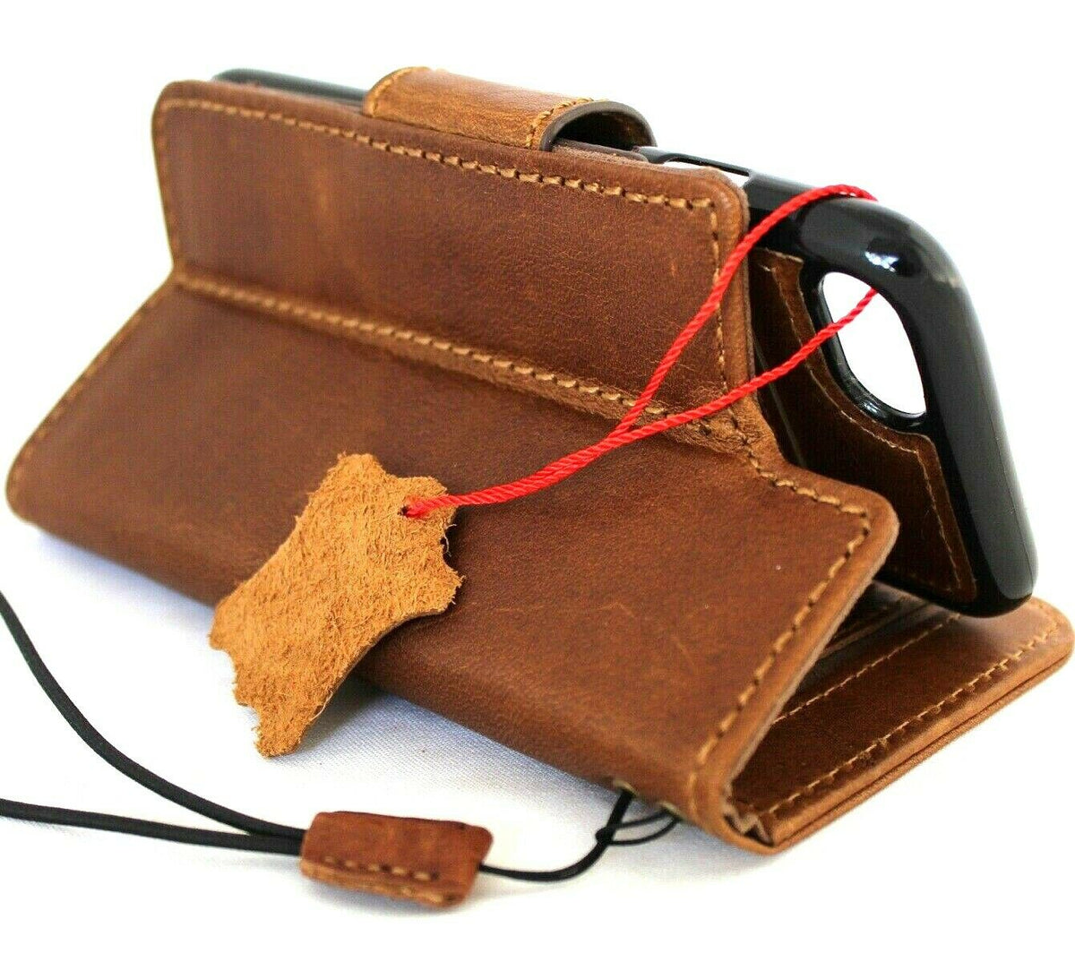Genuine full tanned leather iPhone 8 case by DAVISCASE with detachable wallet, card slots, ID window, and rubber strap.