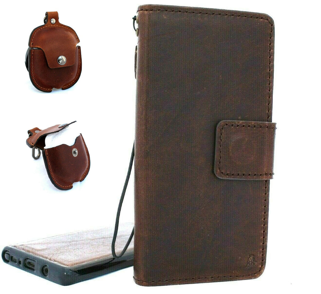 Genuine full leather Samsung Galaxy Note 10 wallet case with removable strap, soft book design, handmade, includes AirPods 2.