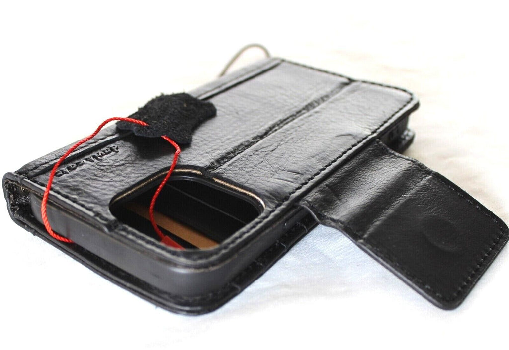 Handmade genuine leather phone case for iPhone 11-15 Pro Max with ID window, credit card slots, vintage style, black full grain leather.