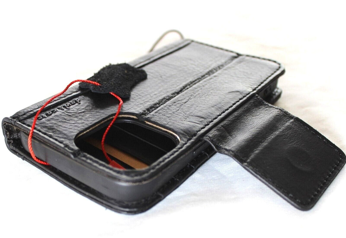 Handmade genuine leather phone case for iPhone 11-15 Pro Max with ID window, credit card slots, vintage style, black full grain leather.