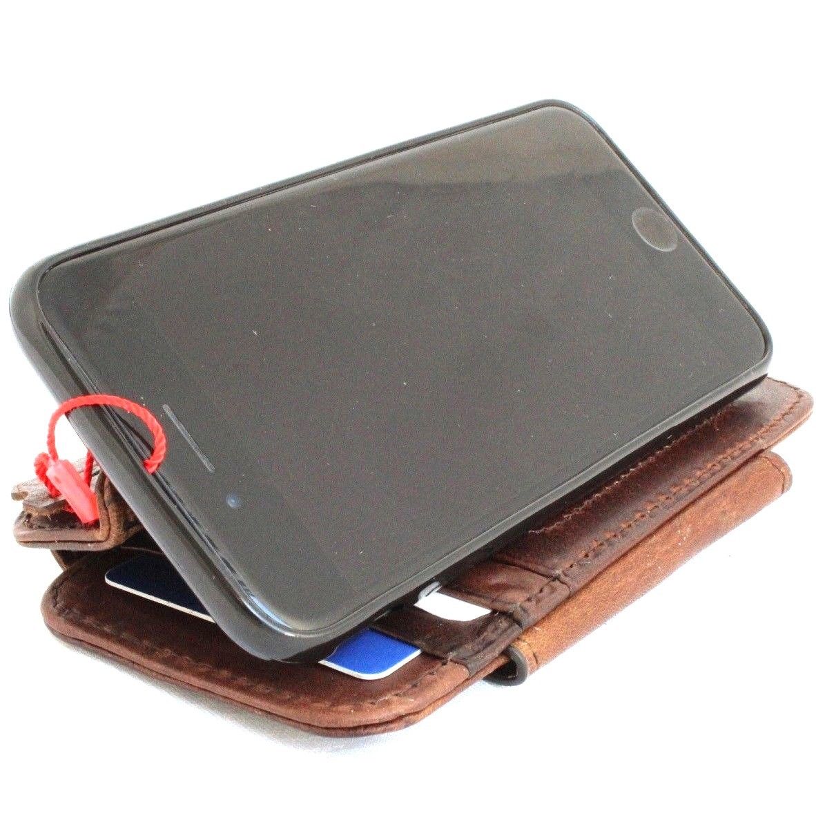 Handmade genuine Italian leather iPhone 8 wallet case with credit card holder, removable cover, in luxury brown leather.