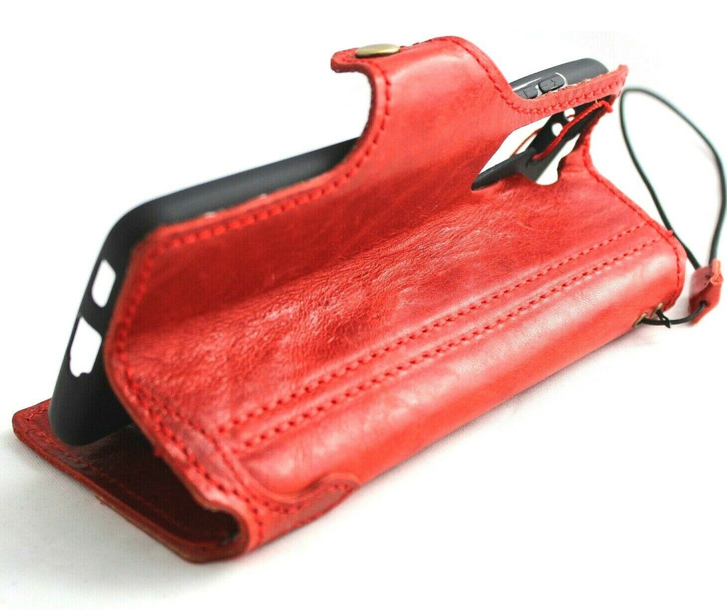 Genuine red leather Samsung Galaxy S21 book wallet case with handmade design, rubber holder, wireless charging compatibility by DavisCase