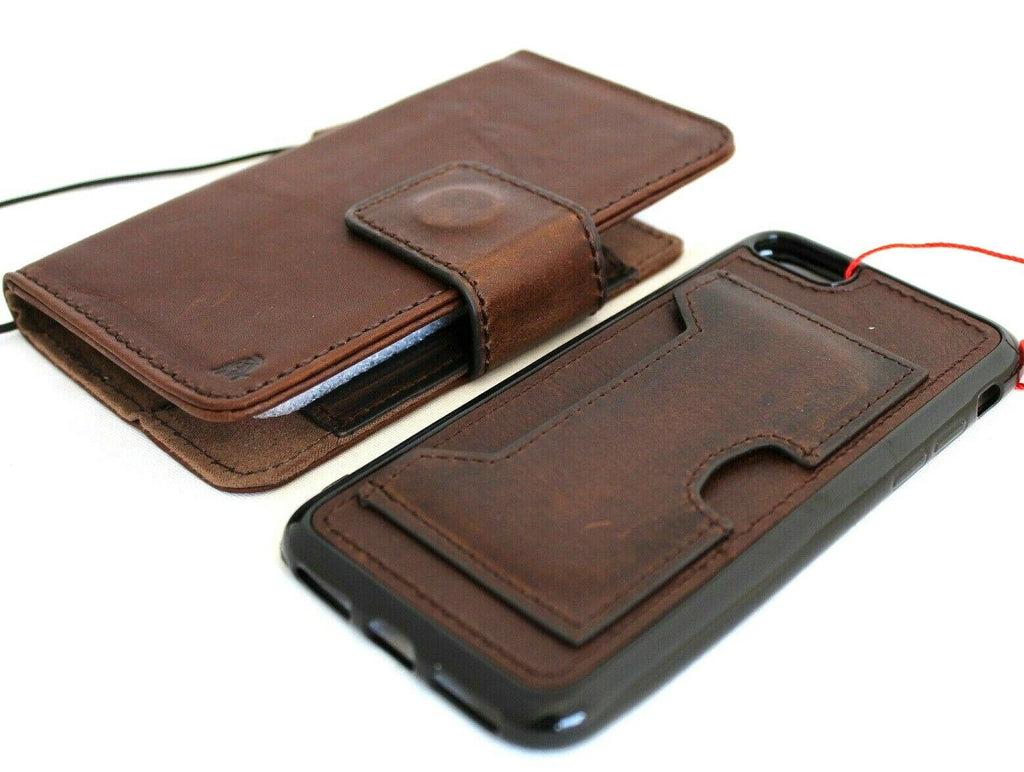 Dark leather iPhone SE 2 case by DAVISCASE with detachable wallet cover, card slots, ID window, rubber holder, and strap.