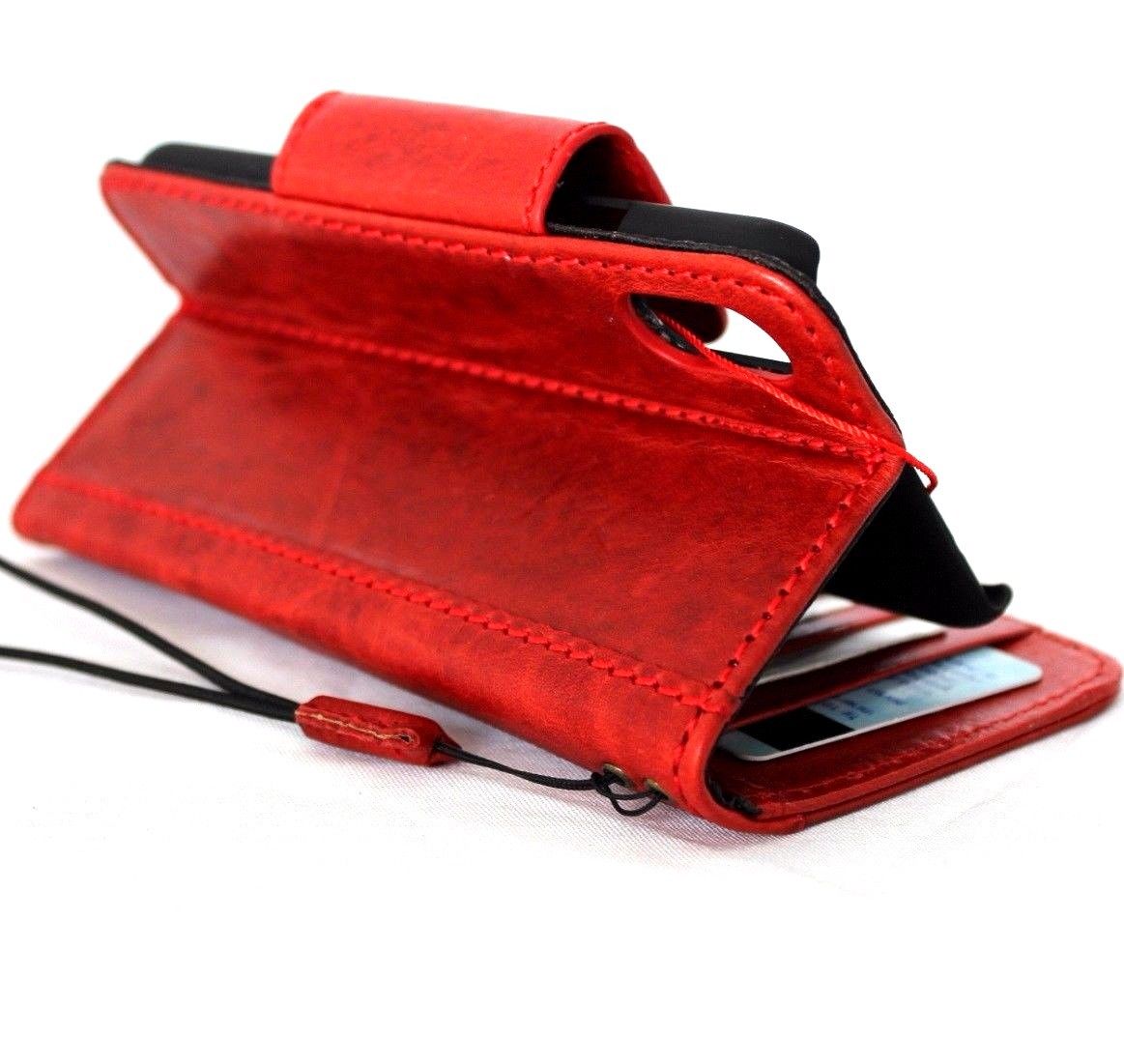 Red vintage leather iPhone X wallet case with magnet closure, card slots, slim design, handmade by Daviscase.