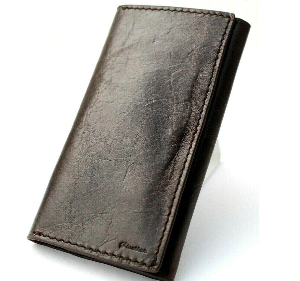 DavisCase genuine leather wallet phone case for iPhone 12-14 Pro, vintage style with ID window, card slots, and removable cover.