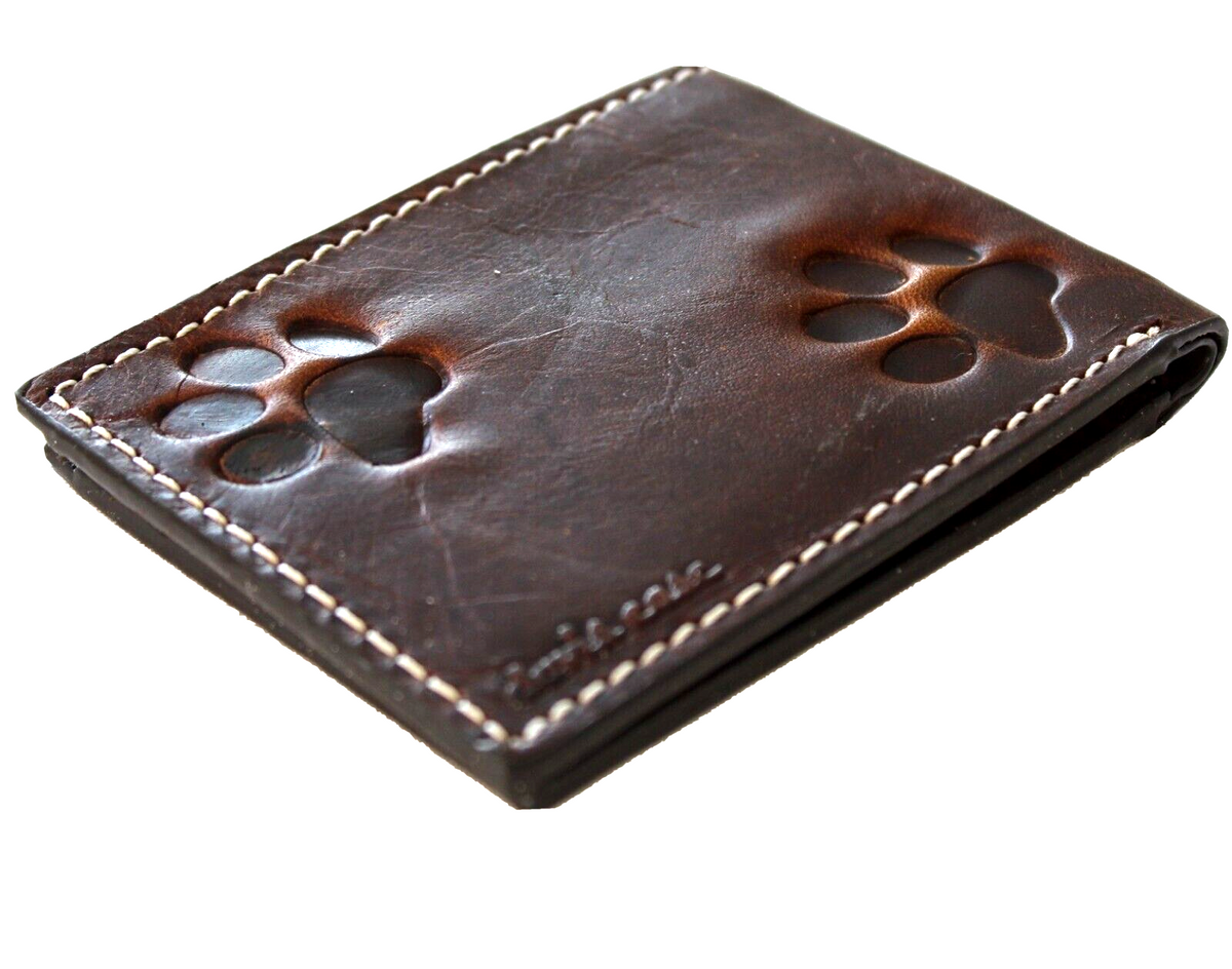 Men's genuine brown leather wallet with credit card slots, bill compartment, dog paw and cat design from DavisCase.